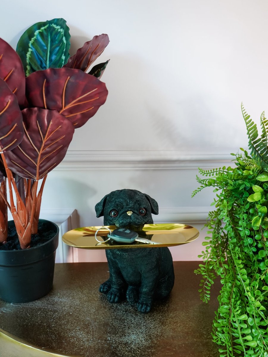 Black Pug Dog Holding Tray Statue - Punk & Poodle
